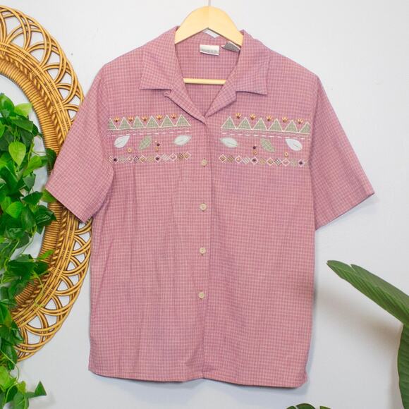 Vtg Embroidered Pink Check Applique Wood Button Cottagecore Top L | Soft Autumn - Picture 3 of 9